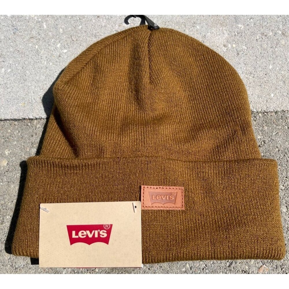 Levis Tan Hero Beanie With Leather Patch 100% Acrylic One Size Fits All NWT